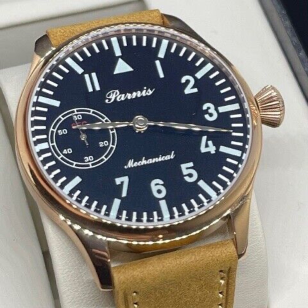 44mm PARNIS Black Dial Silver Hands Rose Gold Hand Winding Mechanical Mens Watch
